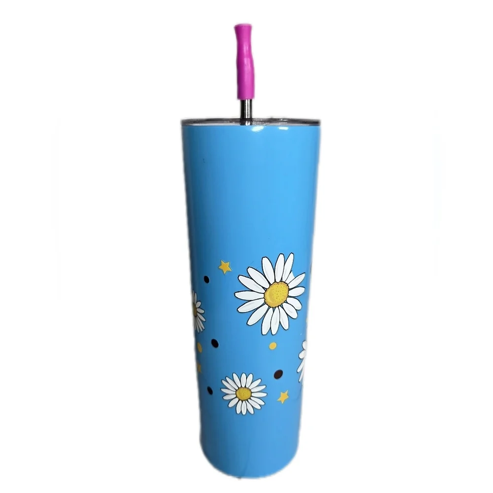 Blue Daisy Stainless Travel Tumbler with Metal Straw